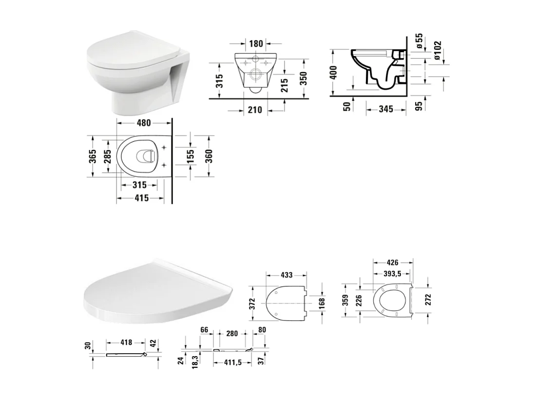 Cuvette WC suspendu sans bride compact DURAVIT No.1 avec abattant frein de chute déclipsable