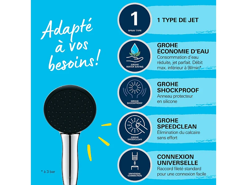 GROHE Douchette 1 jet Vitalio Start 100 chromé avec flexible 175