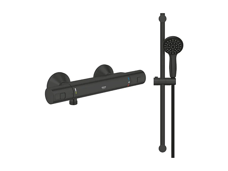 Pack mitigeur douche thermostatique GROHE Precision Start noir mat + ensemble GROHE Vitalio Start avec barre + support + pommeau