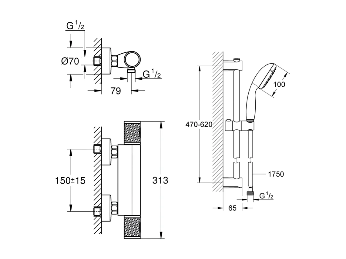 Pack mitigeur douche thermostatique GROHE Precision Start noir mat + ensemble GROHE Vitalio Start avec barre
