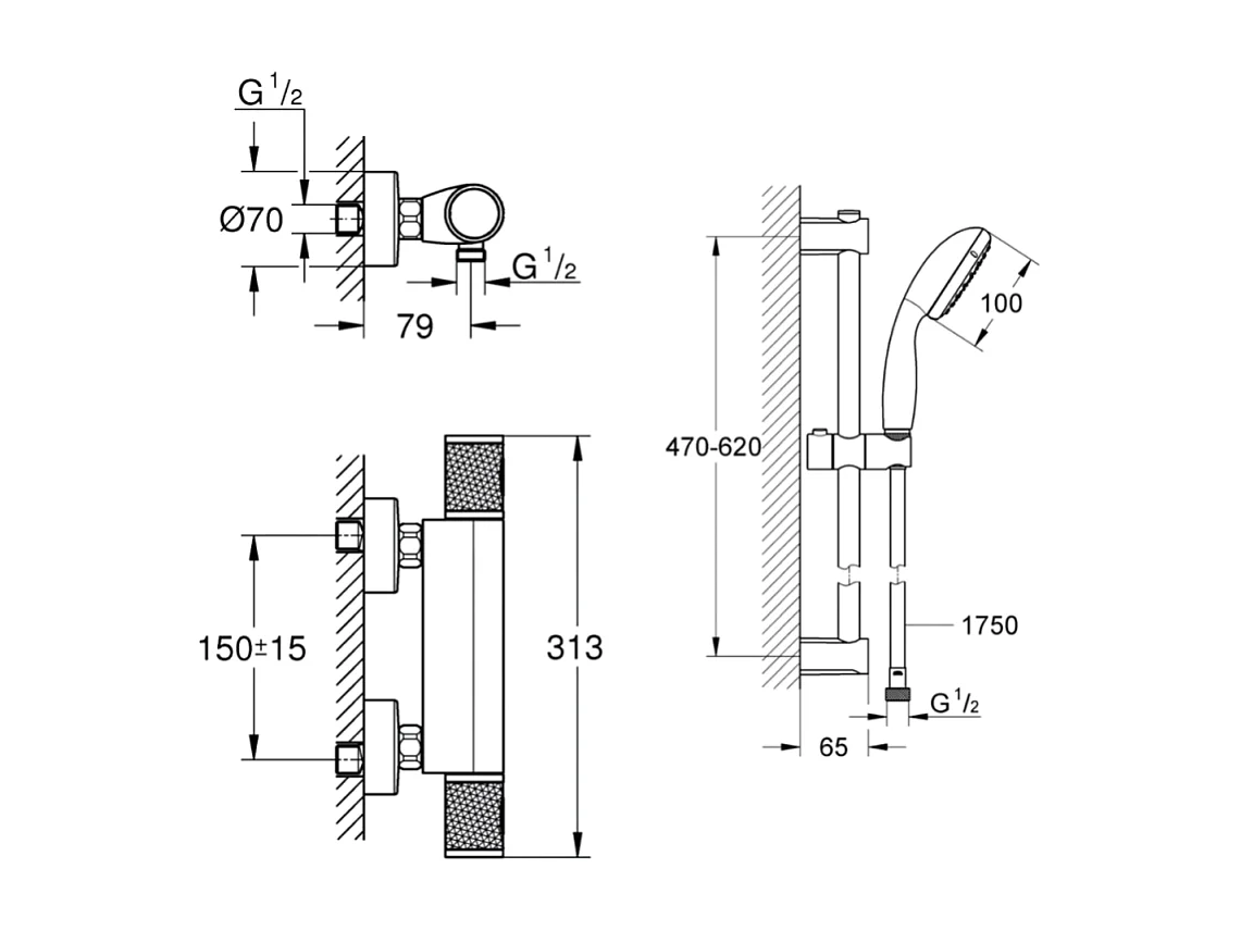 Pack mitigeur douche thermostatique GROHE Precision Start noir mat + ensemble GROHE Vitalio Start avec barre