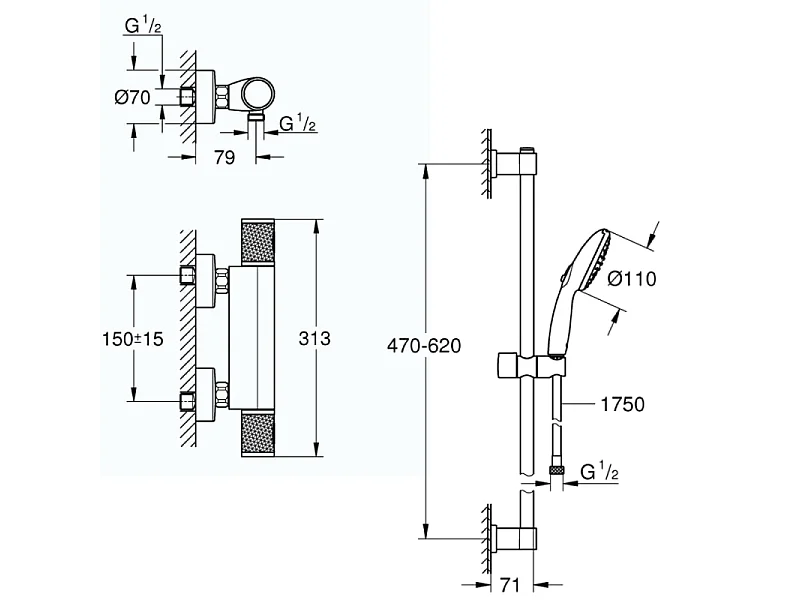 Mitigeur douche thermostatique mural Precision Feel + Ensemble de douche 2 jets avec barre Vitalio Start 100 GROHE Chrome