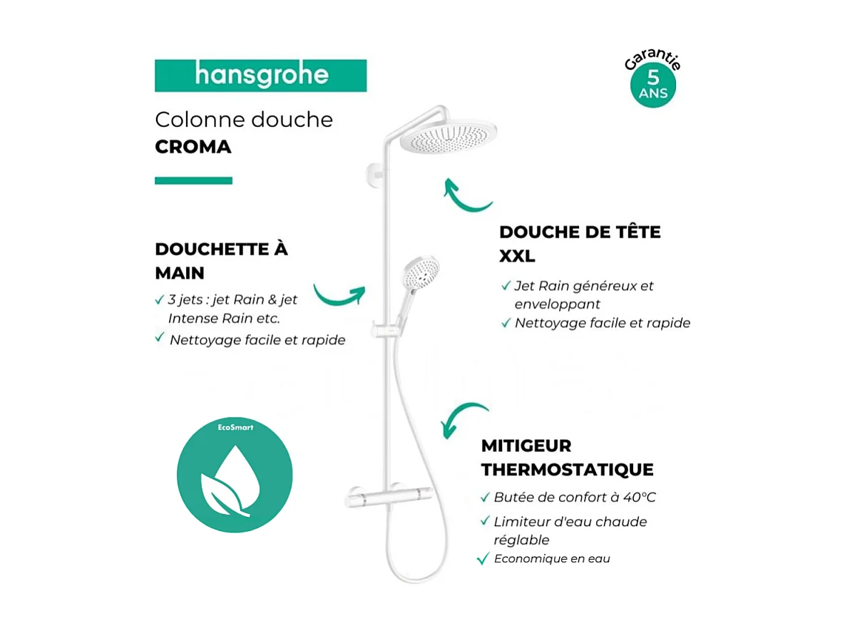 Colonne de douche thermostatique HANSGROHE Croma Select S 280 EcoSmart blanc mat + nettoyant Briochin