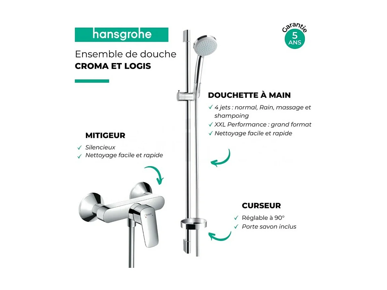 Ensemble douche HANGROHE Croma Vario + Mitigeur mécanique Logis