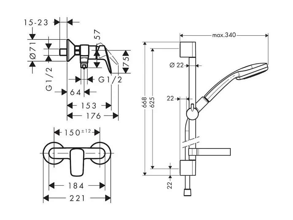 Ensemble douche HANGROHE Croma Vario + Mitigeur mécanique Logis