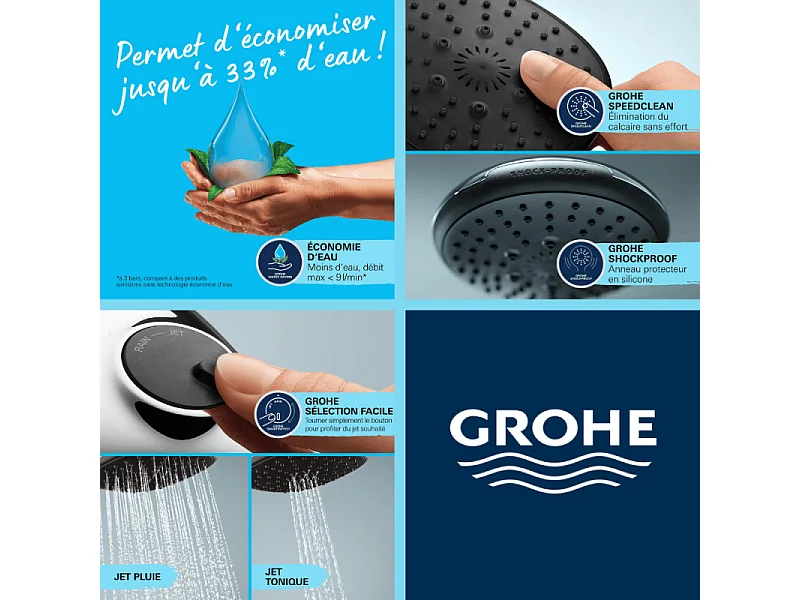 Pommeau de douche GROHE Quickfix Vitalio Start 110 2 jets avec barre + nettoyant GrohClean