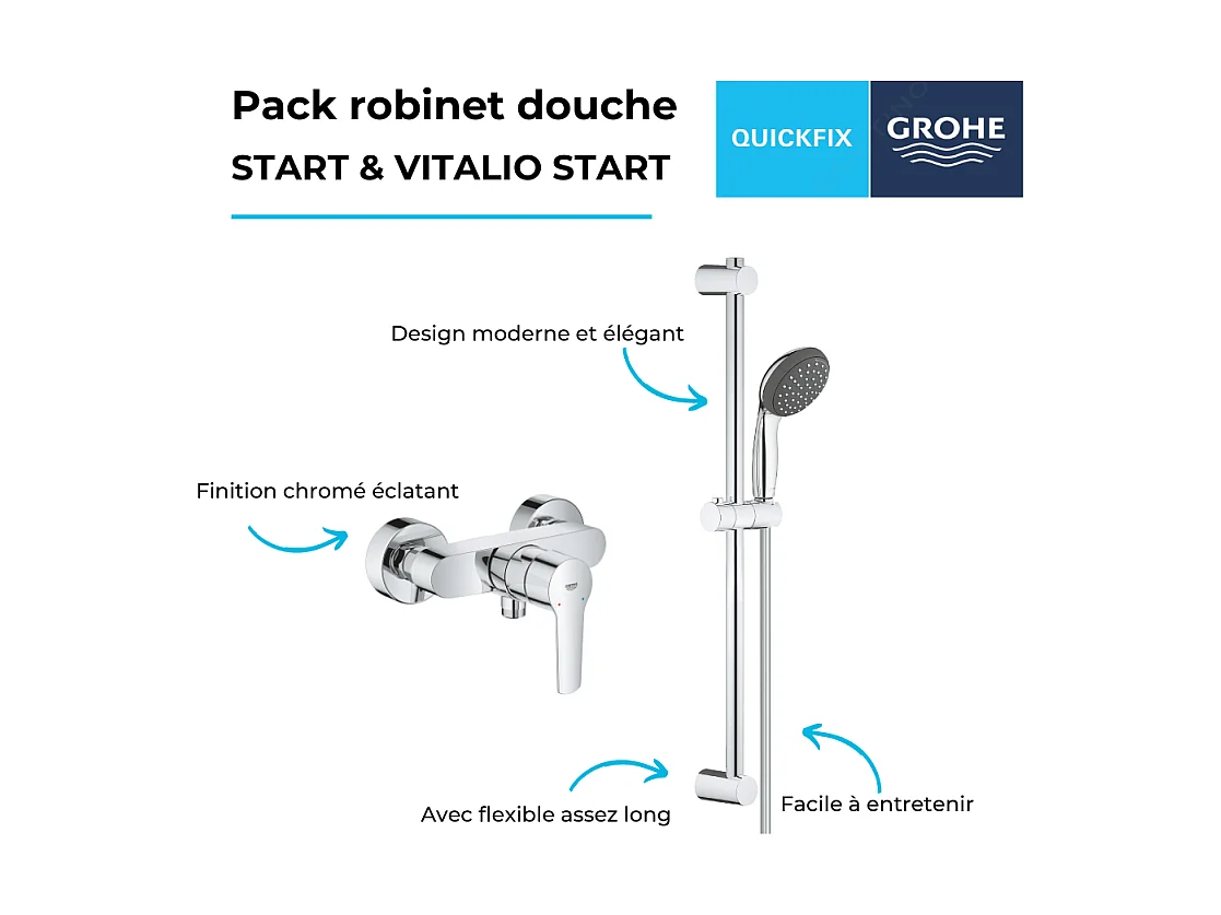 Pack mitigeur douche mécanique GROHE Start 2021 + ensemble de douche 2 jets GROHE Vitalio Start avec barre chromé