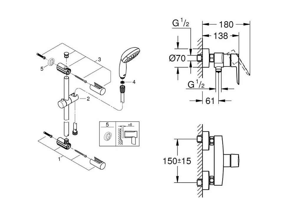 Pack mitigeur douche mécanique GROHE Start 2021 + ensemble de douche 2 jets GROHE Vitalio Start avec barre chromé