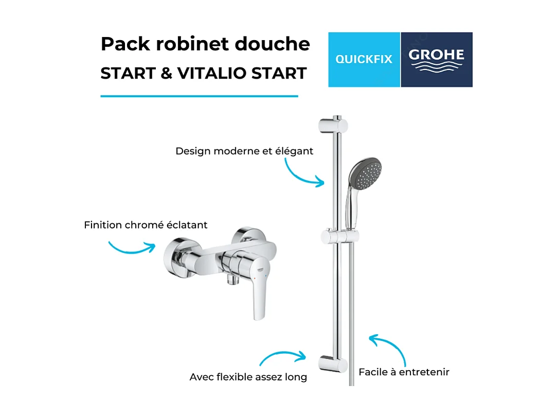 Pack mitigeur douche mécanique GROHE Start 2021 + ensemble de douche 2 jets GROHE Vitalio Start avec barre chromé