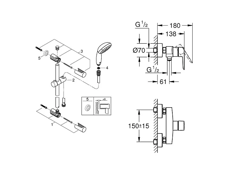 Pack mitigeur douche mécanique GROHE Start 2021 + ensemble de douche 2 jets GROHE Vitalio Start avec barre chromé