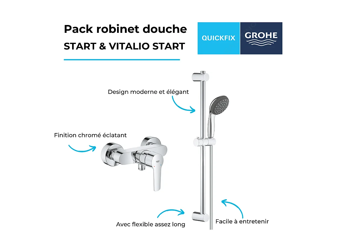 Pack mitigeur douche mécanique GROHE Start 2021 + ensemble de douche 2 jets GROHE Vitalio Start avec barre chromé