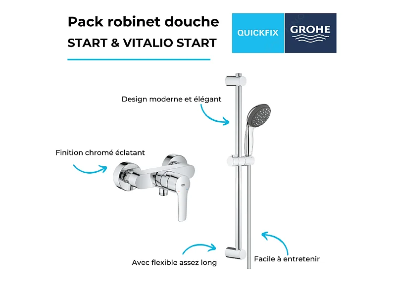 Pack mitigeur douche mécanique GROHE Start 2021 + ensemble de douche 2 jets GROHE Vitalio Start avec barre chromé