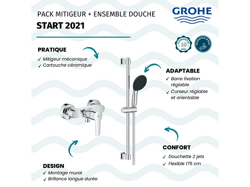Pack mitigeur douche mécanique GROHE Start 2021 + ensemble de douche 2 jets GROHE Vitalio Start avec barre chromé