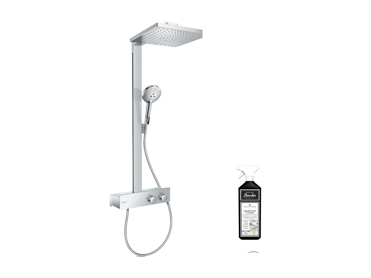 Colonne de douche thermostatique HANSGROHE Raindance E 300 EcoSmart avec mitigeur 35 cm chromée + nettoyant Briochin