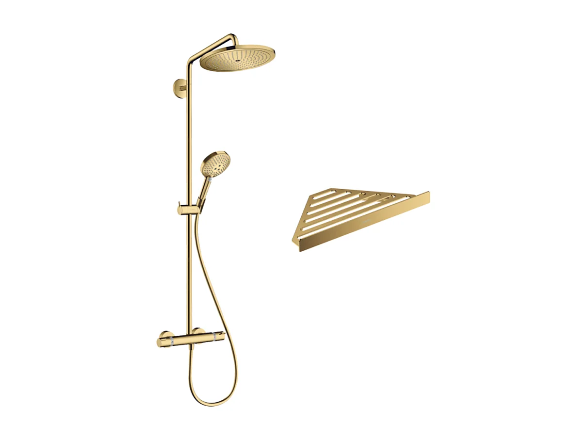 Colonne de douche thermostatique HANSGROHE Croma Select S 280 aspect doré poli + tablette AddStoris