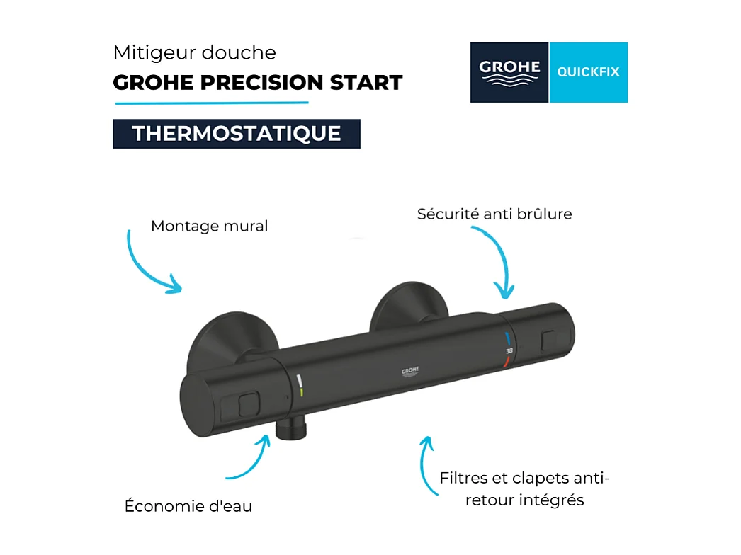 Mitigeur de douche thermostatique GROHE Precision Start noir mat + nettoyant