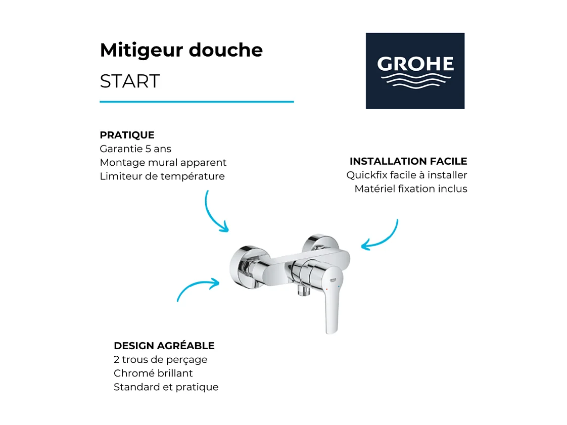 Pack mitigeur de douche Grohe Start 2021 avec ensemble de douche 2 jets GROHE chromé
