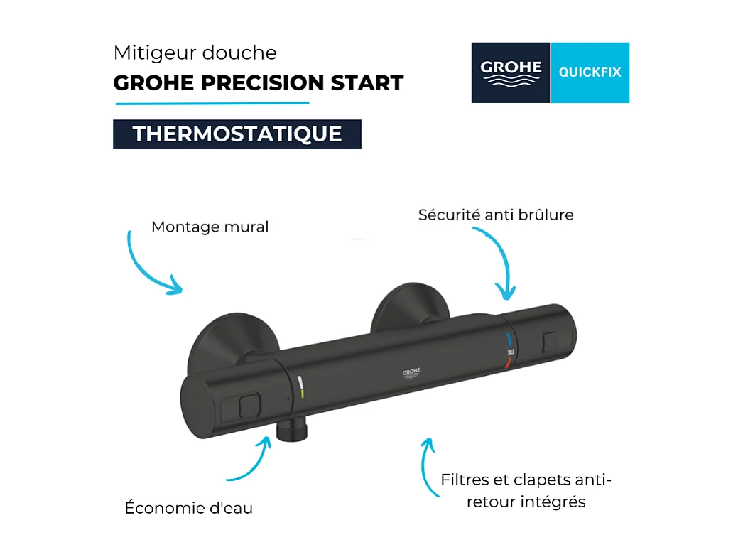 Mitigeur de douche thermostatique GROHE Precision Start noir mat + chiffonnette