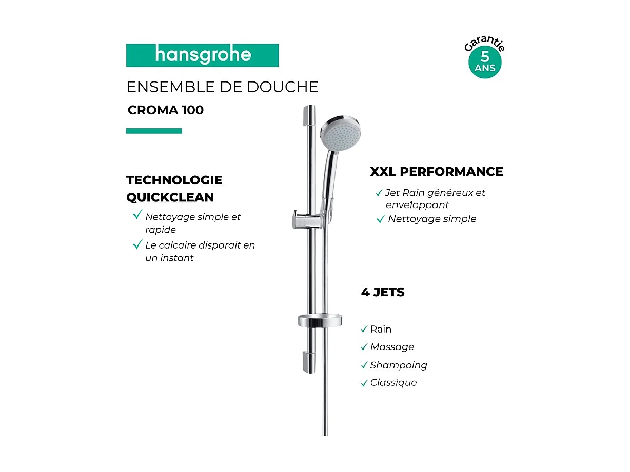 HANSGROHE Ensemble de douche rond 4 jets Croma Vario chrome avec flexible, barre et tablette