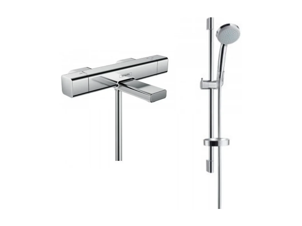 Hansgrohe Mitigeur thermostatique bain Ecostat e avec barre et douchette 4 jets Vario chrome