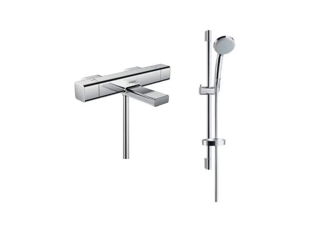 Hansgrohe Mitigeur thermostatique bain Ecostat e avec barre et douchette 4 jets Vario chrome