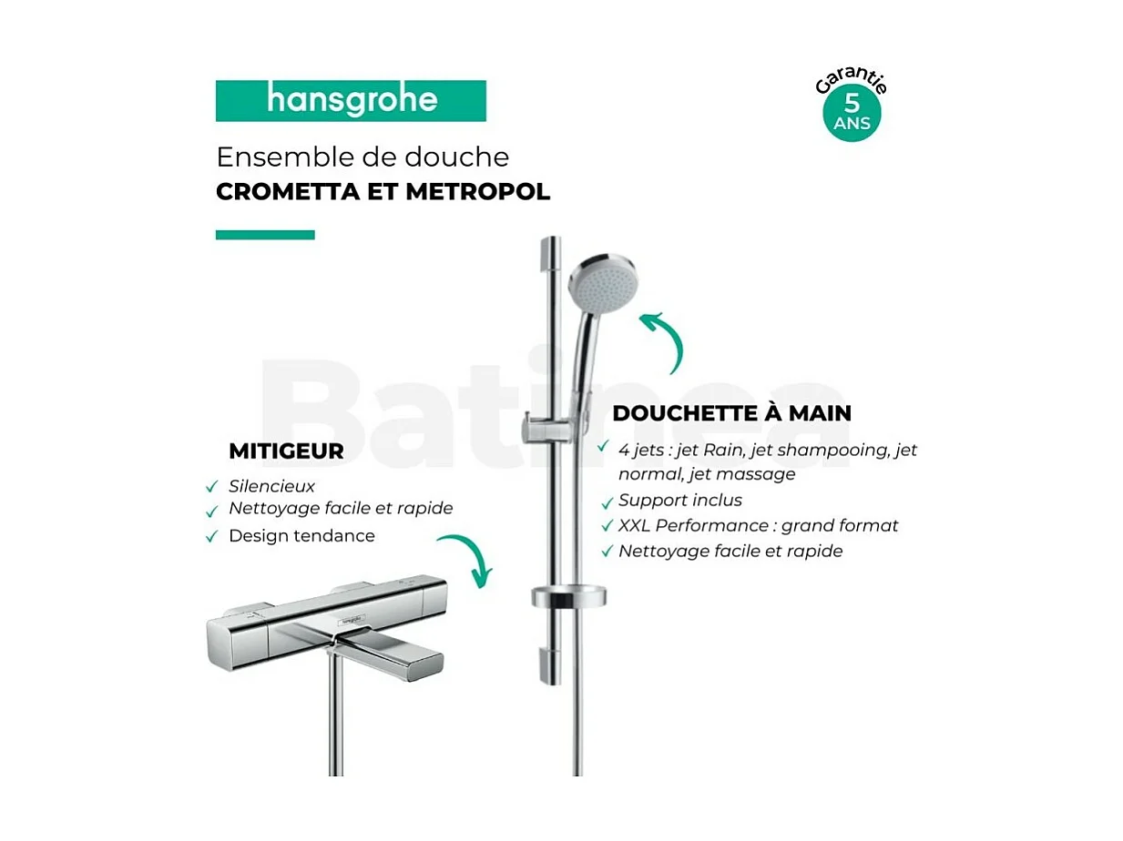 Hansgrohe Mitigeur thermostatique bain Ecostat e avec barre et douchette 4 jets Vario chrome