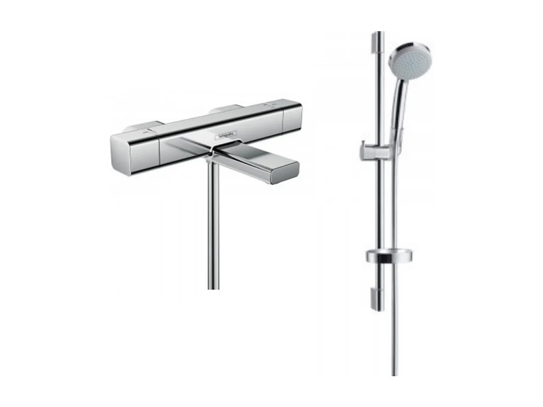 Hansgrohe Mitigeur thermostatique bain Ecostat e avec barre et douchette 4 jets Vario chrome