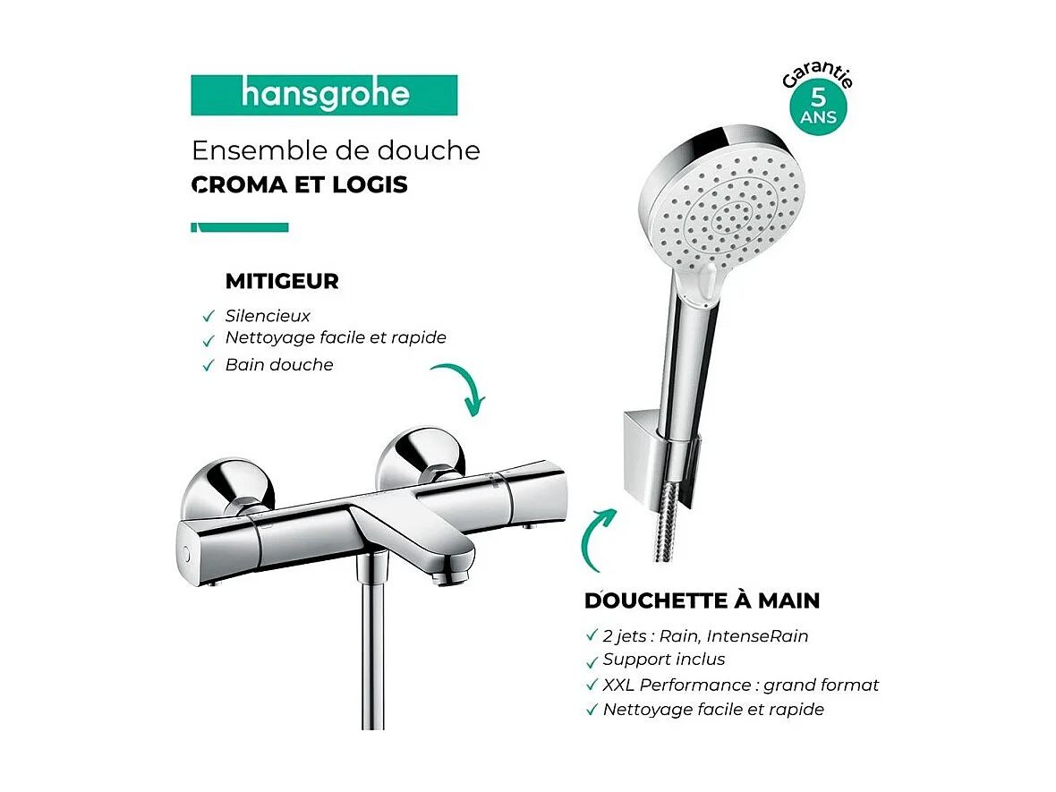 Douchette à main HANSGROHE Crometta + Mitigeur thermostatique bain douche Ecostat