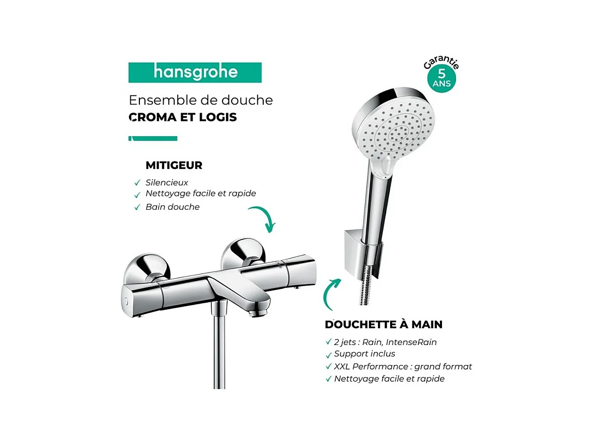 Douchette à main HANSGROHE Crometta + Mitigeur thermostatique bain douche Ecostat