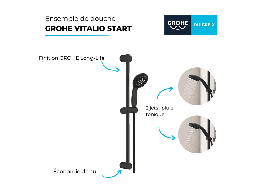 Pommeau de douche GROHE Vitalio Start 2 jets avec barre noir mat + microfibre