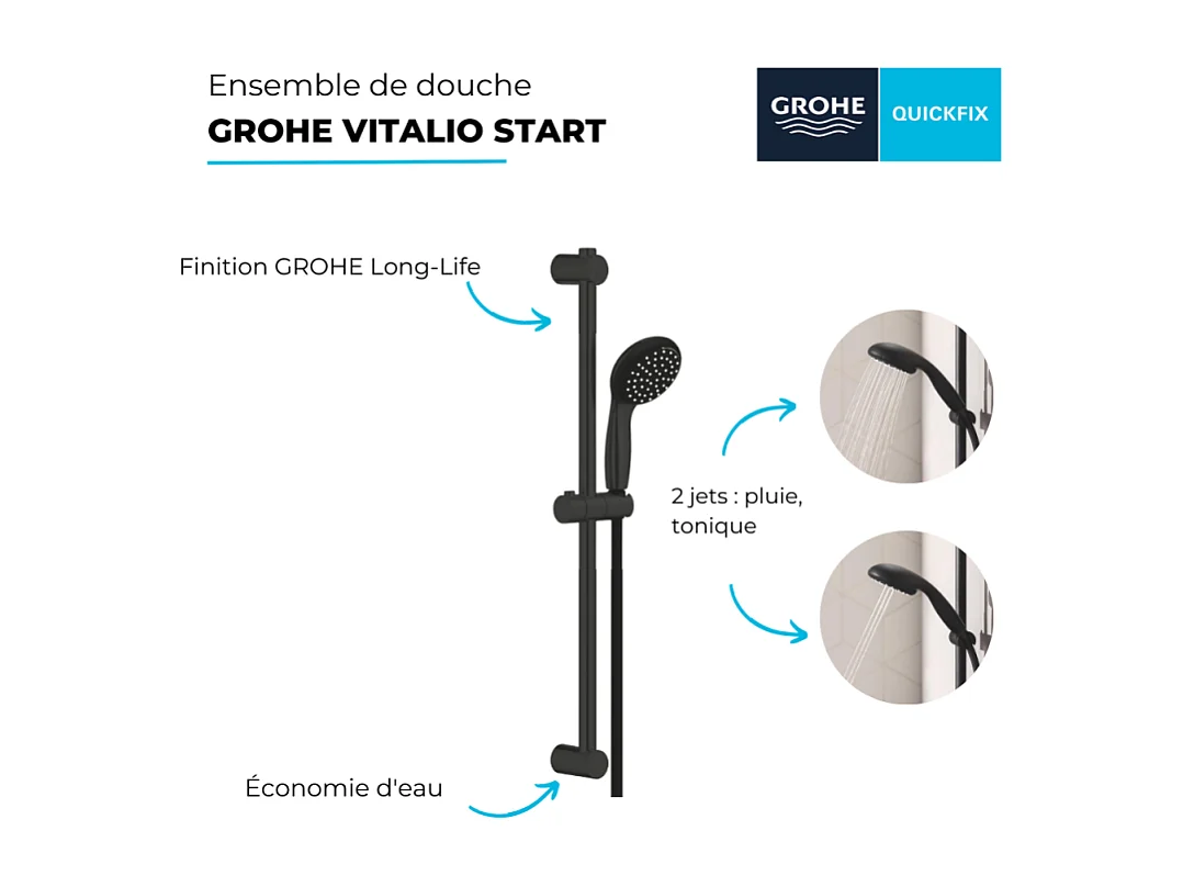 Pommeau de douche GROHE Vitalio Start 2 jets avec barre noir mat + nettoyant GrohClean