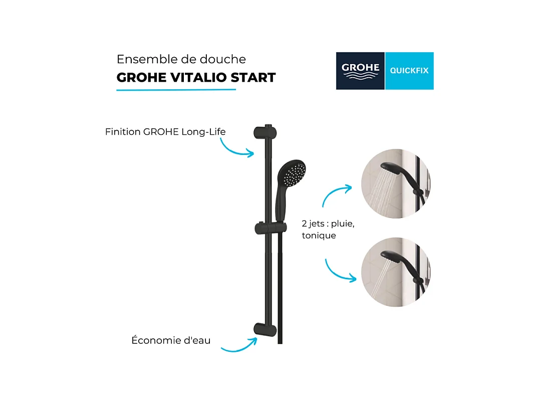 Pommeau de douche GROHE Vitalio Start 2 jets avec barre noir mat
