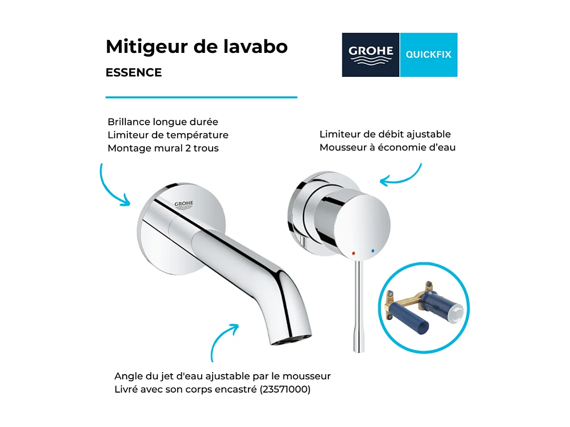 Lot de 2 robinets lavabo muraux GROHE Essence 2 trous taille M chromé