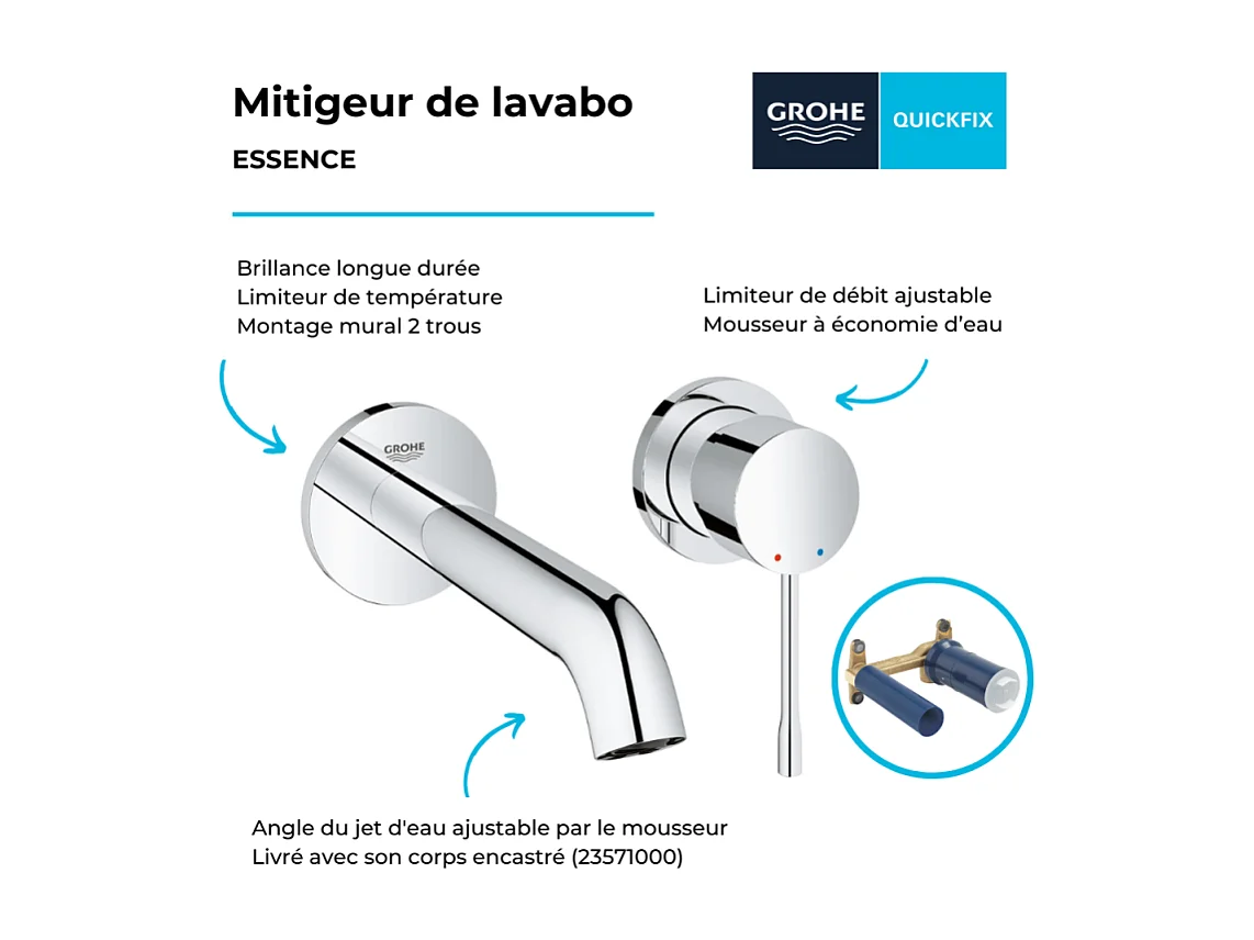 Lot de 2 robinets lavabo muraux GROHE Essence 2 trous taille M chromé