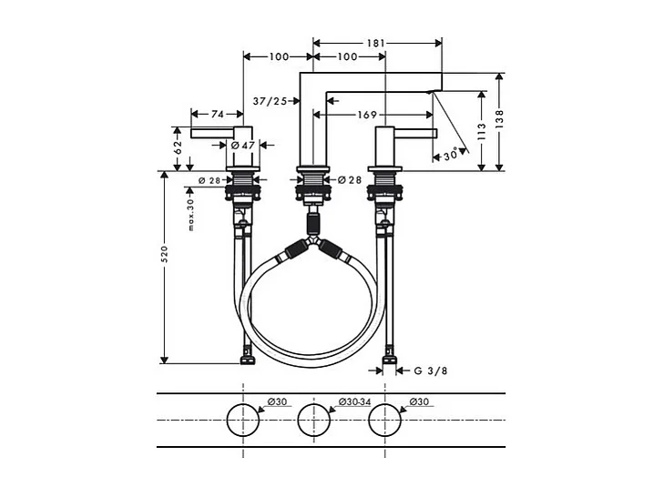 HANSGROHE Mélangeur de lavabo 3 trous 110, bonde Push-Open Finoris chromé