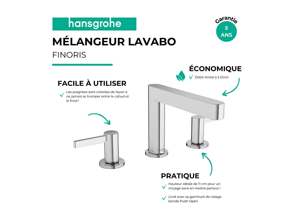 Mélangeur de lavabo 3 trous HANSGROHE Finoris 110 avec bonde Push-Open Chromé