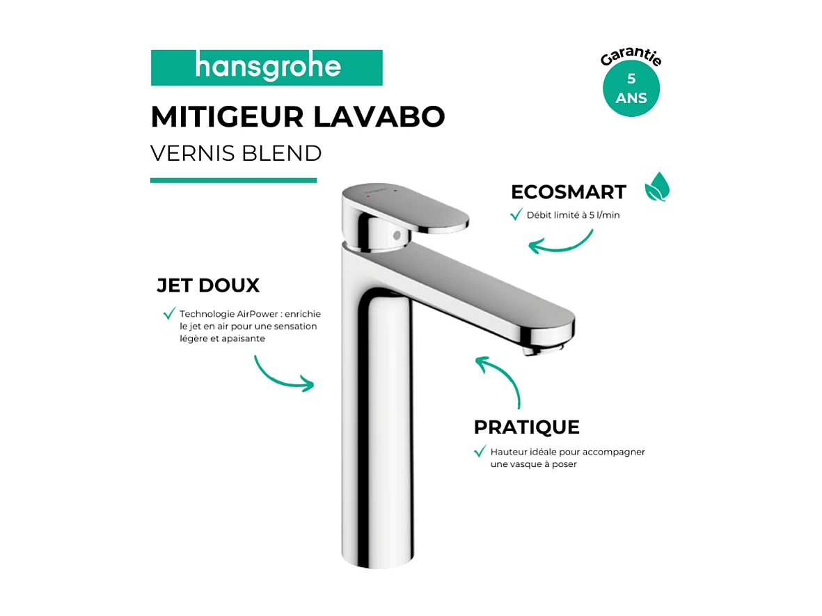 Mitigeur lavabo HANSGROHE Vernis Blend 190 avec tirette et vidage chromé + nettoyant Briochin