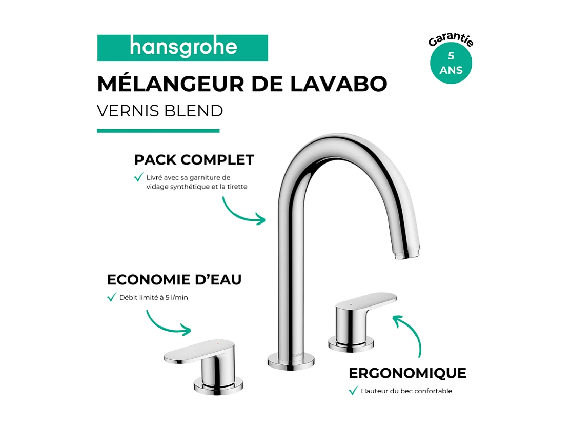 Mélangeur robinet HANSGROHE Vernis Blend 3 trous Chromé avec tirette et vidage synthétique