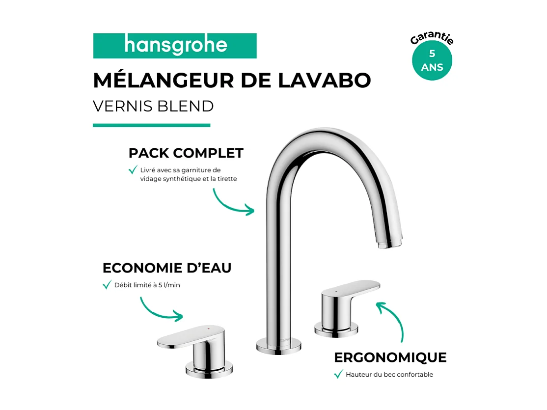 Mélangeur robinet HANSGROHE Vernis Blend 3 trous Chromé avec tirette et vidage synthétique