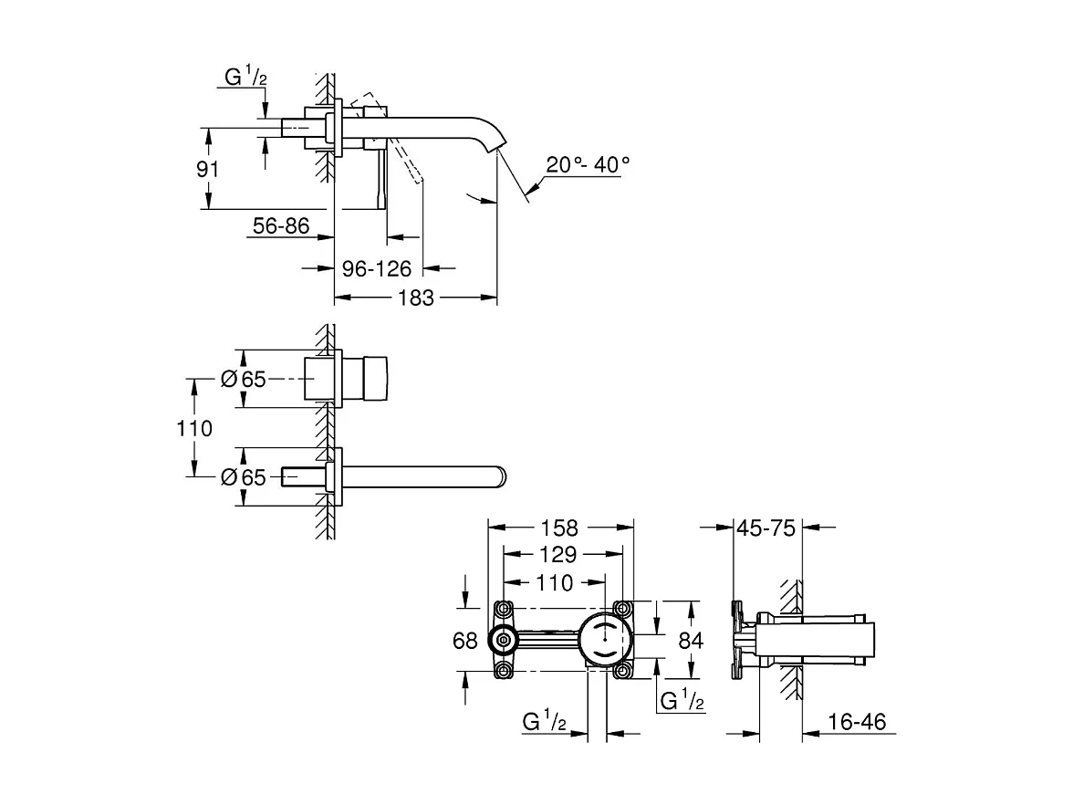 Grohe Façade Mitigeur mural lavabo Essence - Taille M - Chromé+corps encastré