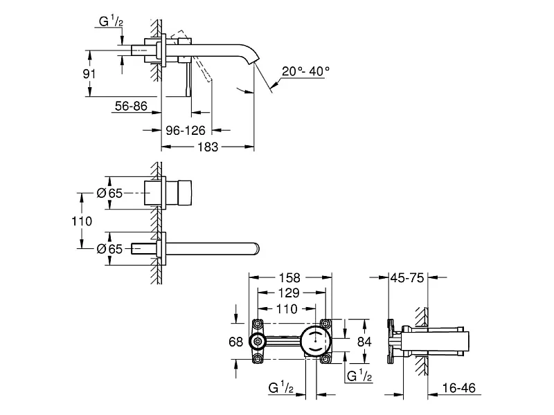 Mitigeur mural lavabo GROHE Essence Taille M chromé avec corps encastré
