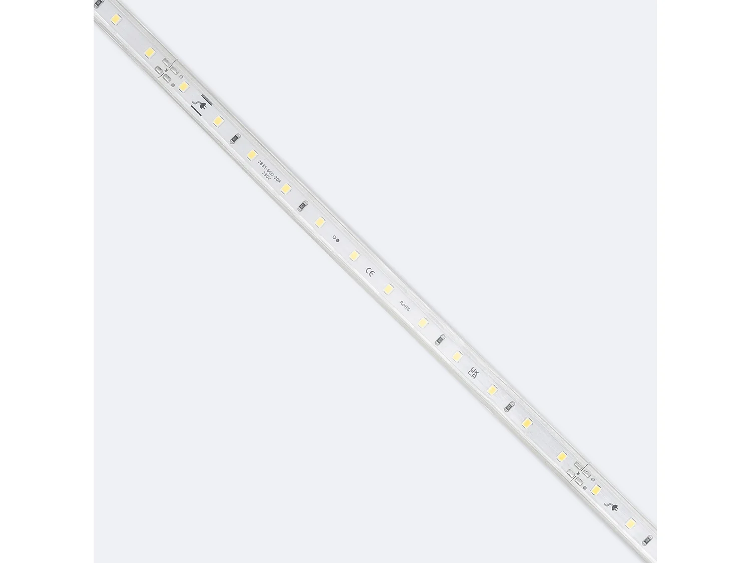 Tira LED Regulable 220V SMD 60 LED/m Blanco Cálido 6W/m 600lm/m Ancho 12mm Corte 20cm IP65 a Medida 2 m
