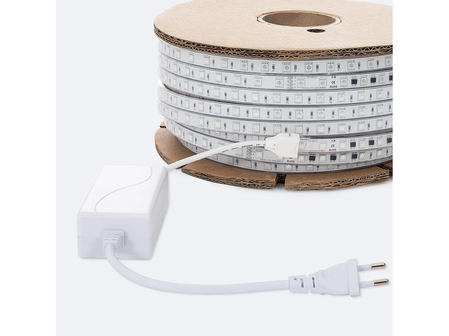 Ruban LED RGB 220V SMD 60 LED/m BOBINE 50m 15W/m SILICONE FLEX Largeur 12mm Coupe 100cm IP67 Télécommande RF