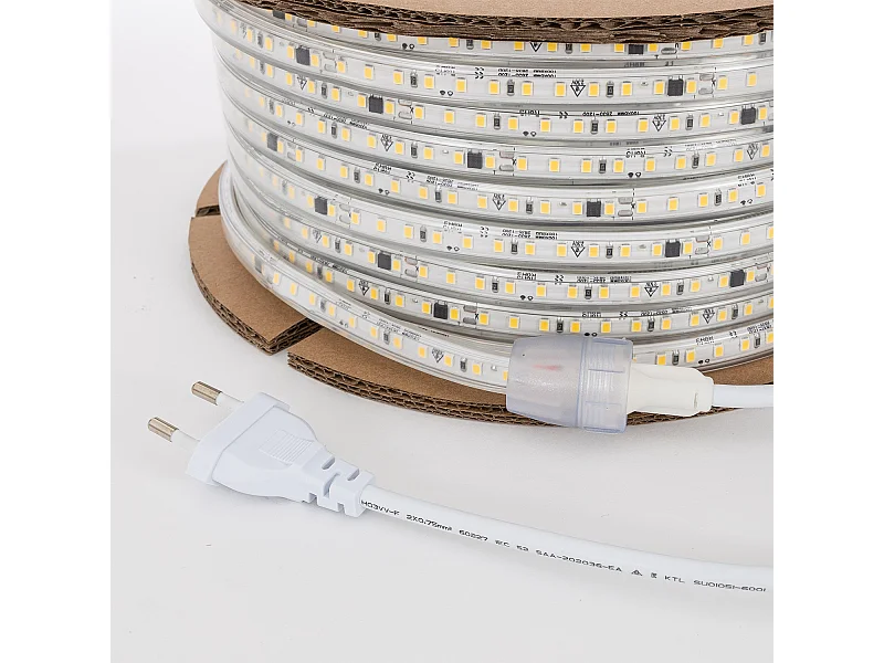 Bobina 50m Striscia LED Regolabile 220V SMD Autorettificata 120 LED/m 10W/m 1000lm/m Larga 12mm IP65 Taglio 10cm 2200K Super Caldo
