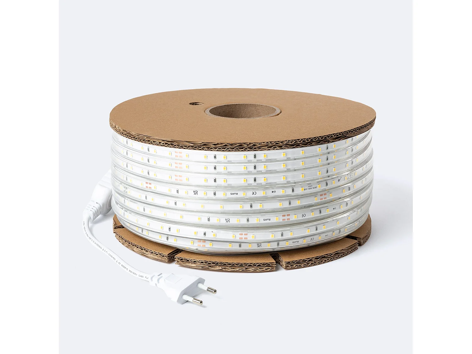 Ruban LED Dimmable 220V SMD 60 LED/m BOBINE 50m 6W/m 600lm/m Largeur 12mm Coupe 20cm IP65 Blanc chaud