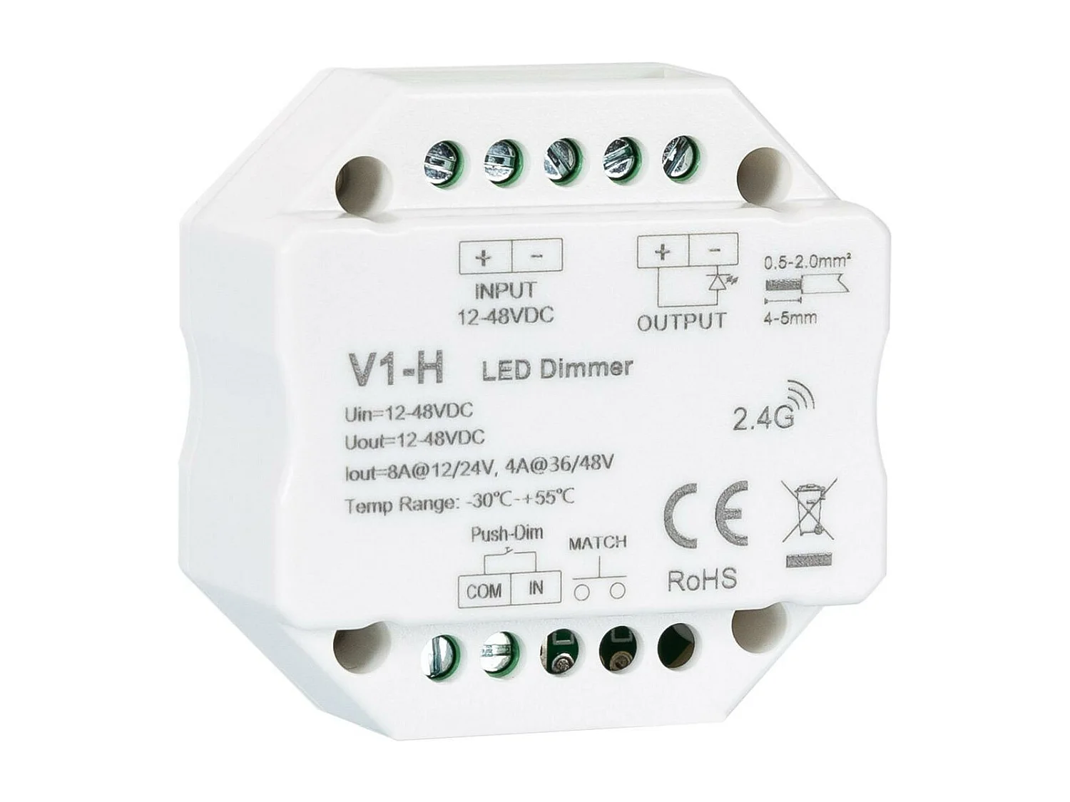 Module de Variation LED RF 12/48V pour Ruban LED Monochrome Compatible avec Bouton-Poussoir Blanc