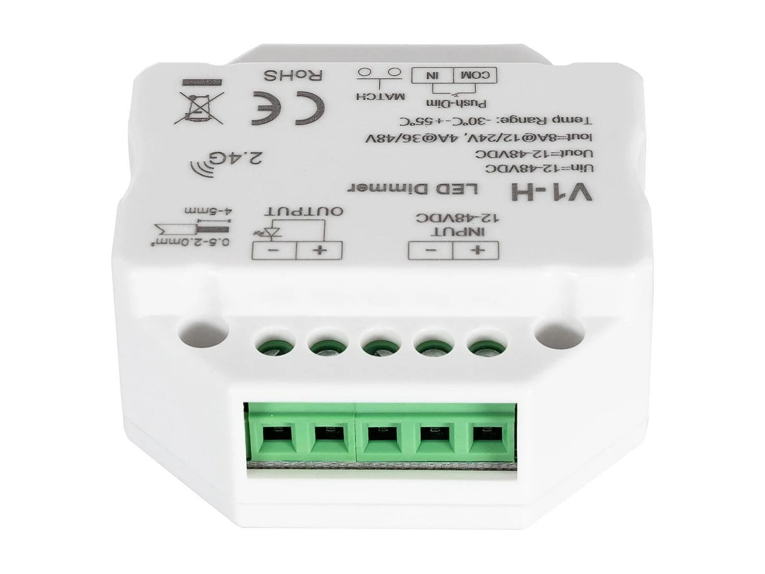 Module de Variation LED RF 12/48V pour Ruban LED Monochrome Compatible avec Bouton-Poussoir Blanc