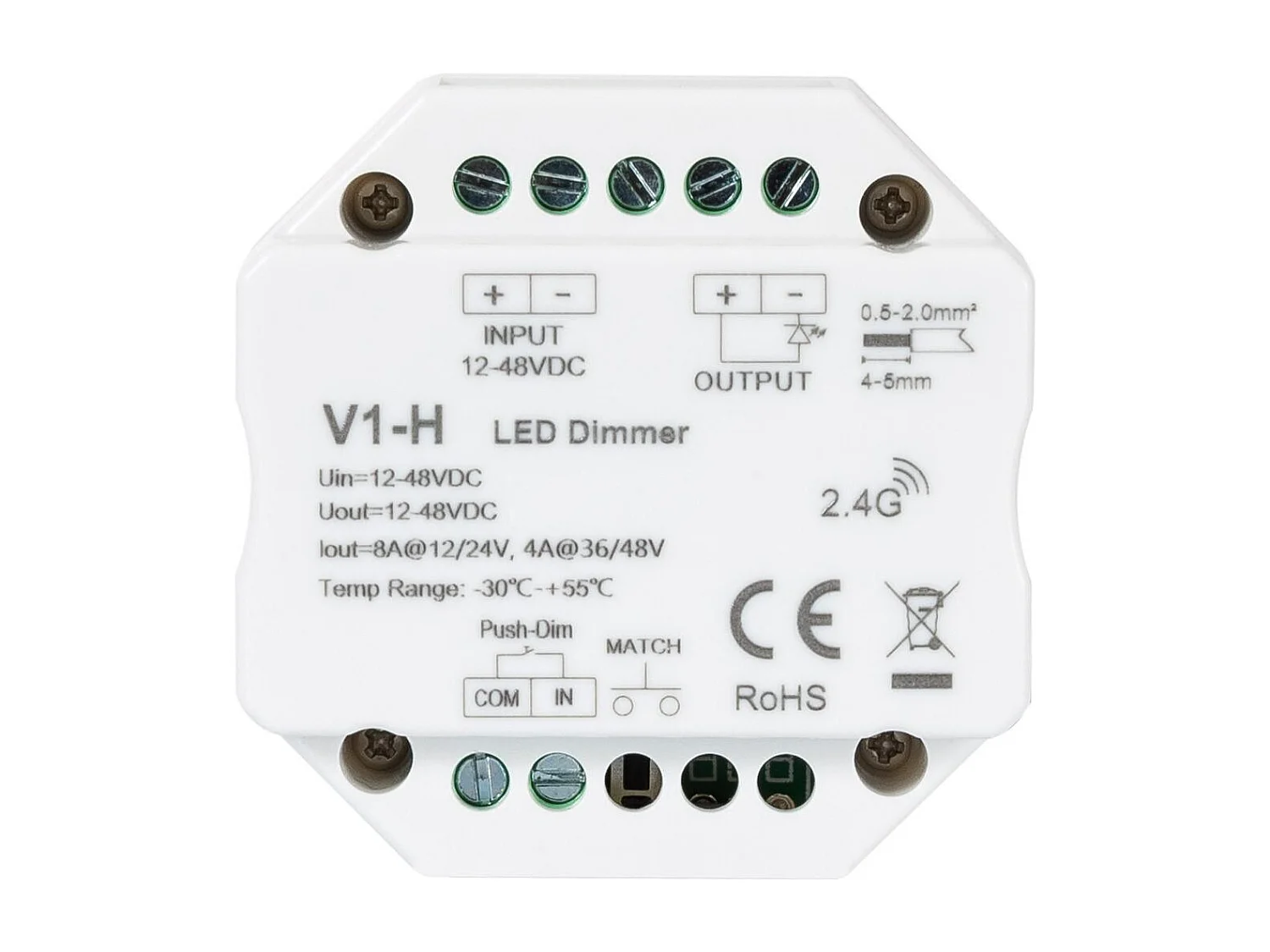 Module de Variation LED RF 12/48V pour Ruban LED Monochrome Compatible avec Bouton-Poussoir Blanc