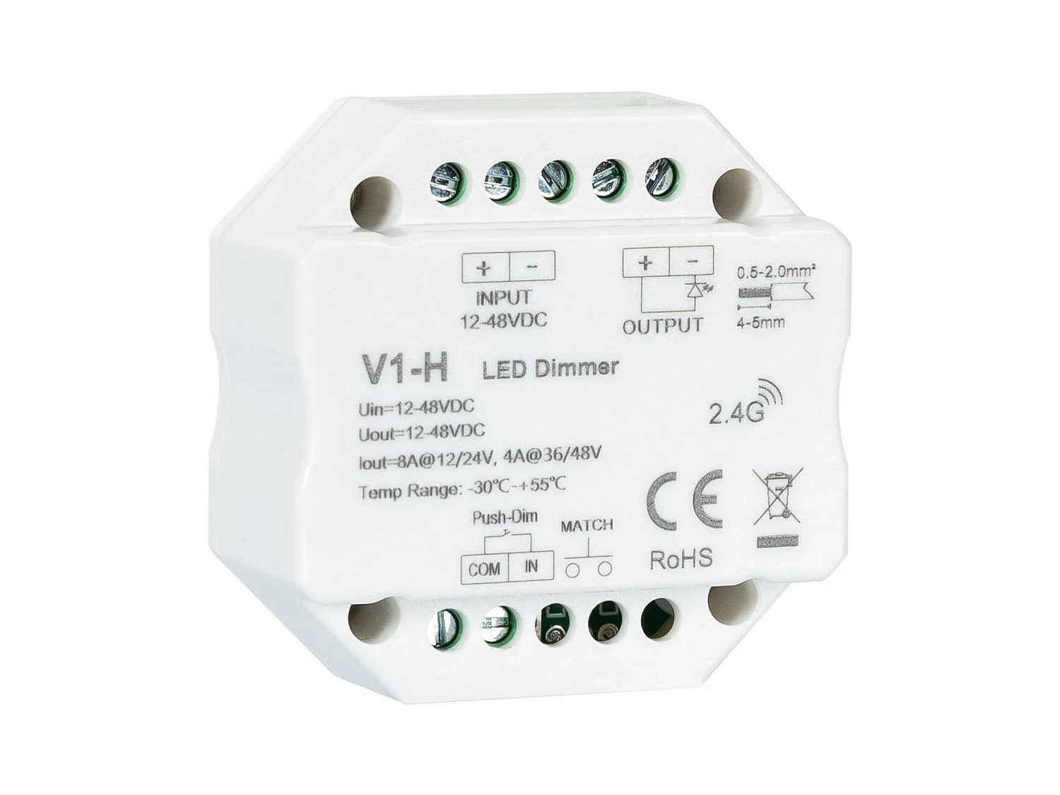 Module de Variation LED RF 12/48V pour Ruban LED Monochrome Compatible avec Bouton-Poussoir Blanc