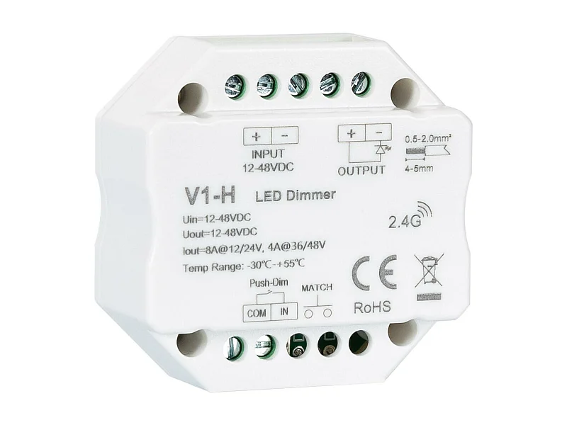 Module de Variation LED RF 12/48V pour Ruban LED Monochrome Compatible avec Bouton-Poussoir Blanc